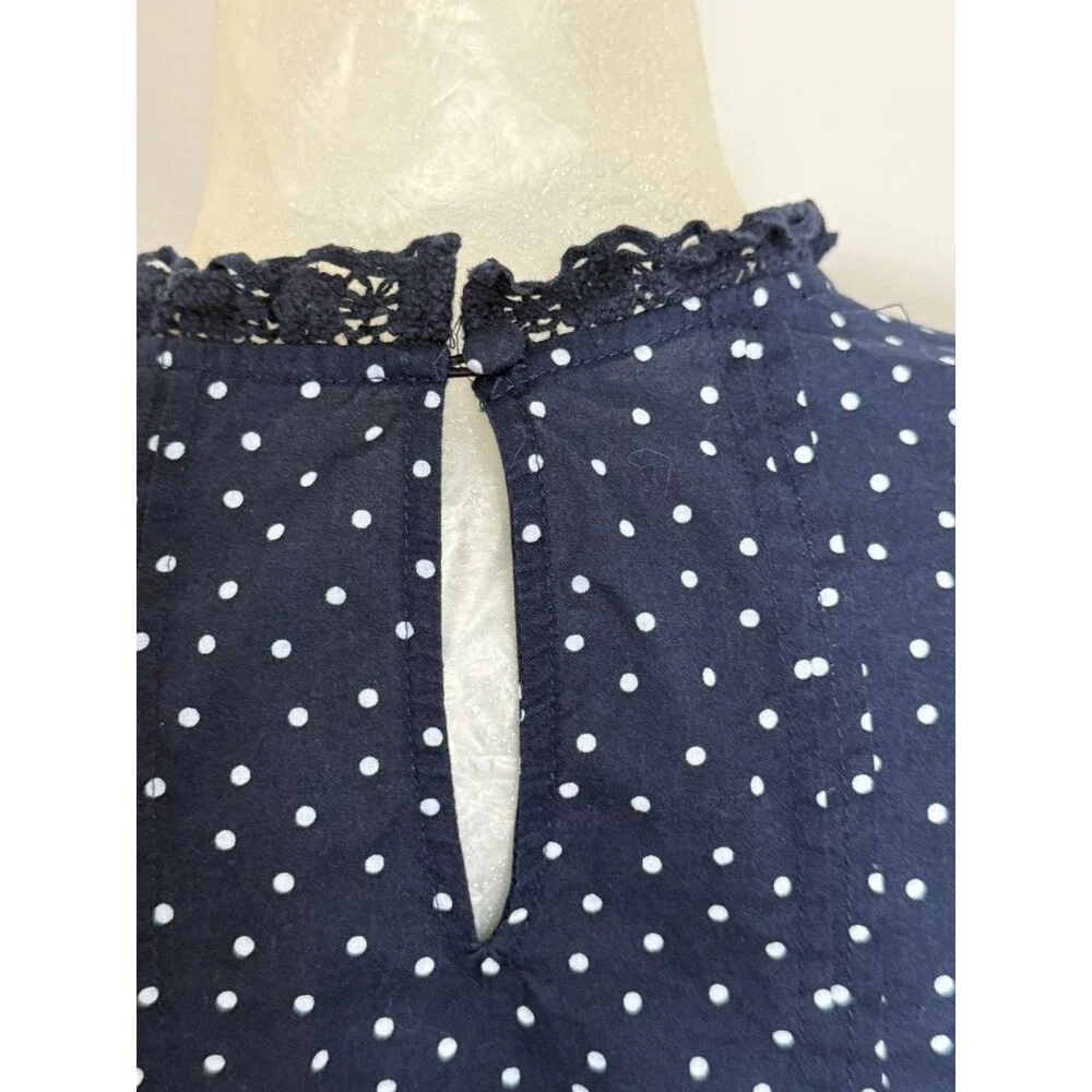 Boden Blouse Womens UK 14 US 10 Navy Blue White Polka Dot Lace Trim Cotton Shirt